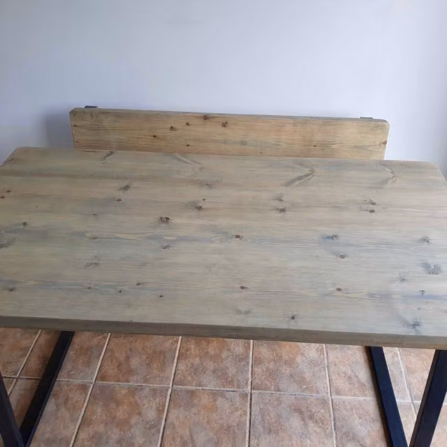 TRL Handmade Furniture Rustic Wood Dining Table and Bench Set with Back in Grey Wash and Rugger Brown, W/D/H: 120 x 90 x 75 cm