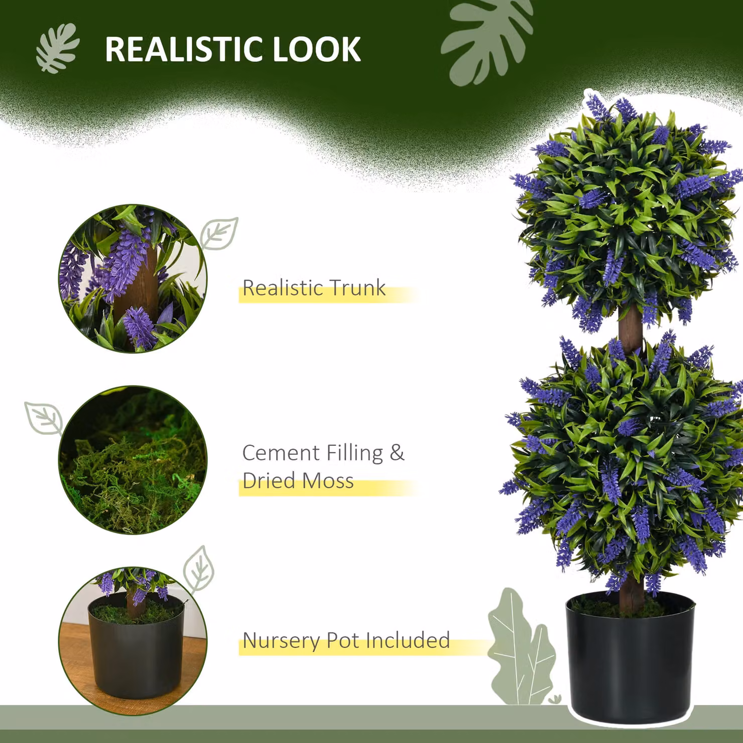 HOMCOM Set of 2 Green Artificial Potted Ball Trees with Lavender Flowers, Height: 70 cm – 5