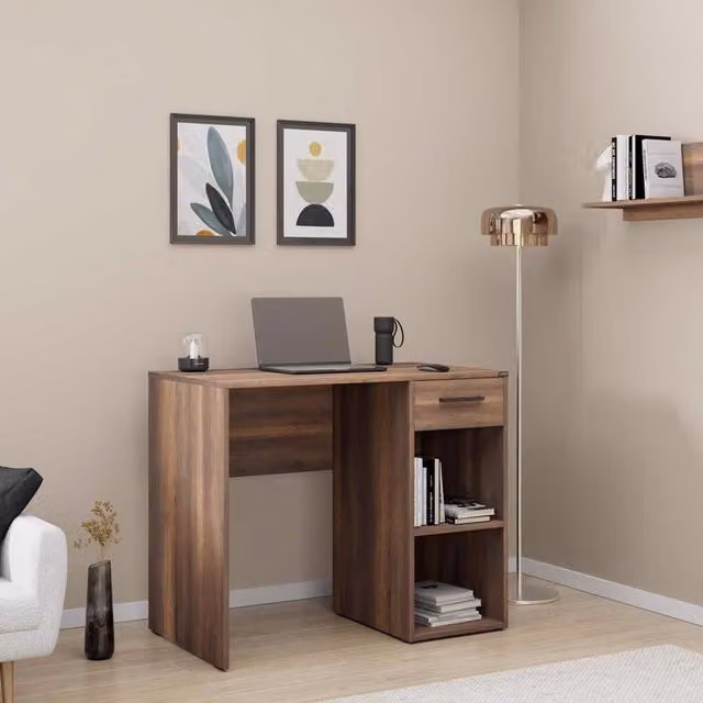 FWStyle Modern Writing Desk with 1 Drawer and 2 Shelves in Brown Walnut Effect