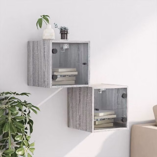 Berkfield Home Elegant Bedside Cabinets with Glass Doors, 2 Pieces, Grey Sonoma, W/D/H: 35 x 37 x 20 cm – 1