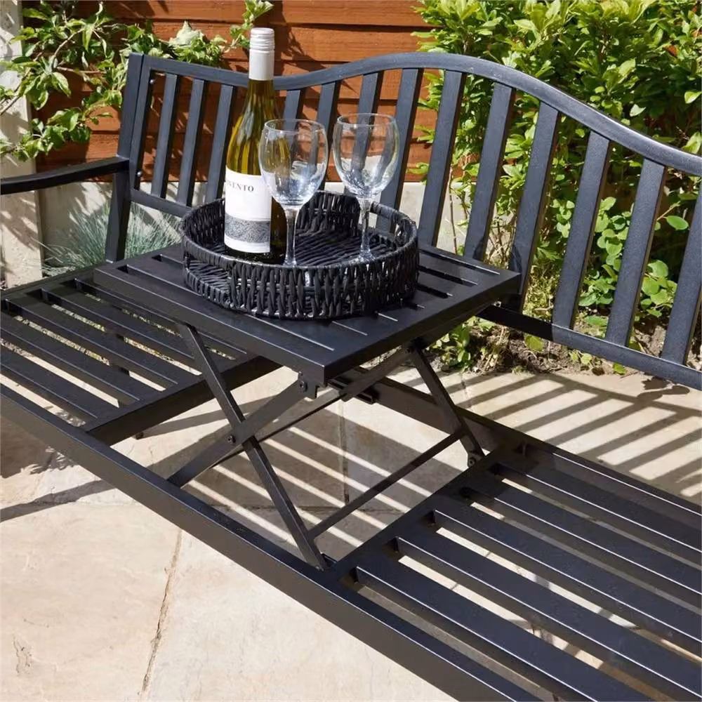KORVIXA Black Garden Bench Loveseat 2 Seater with Table, W: 150 cm, D: 60 cm – 3