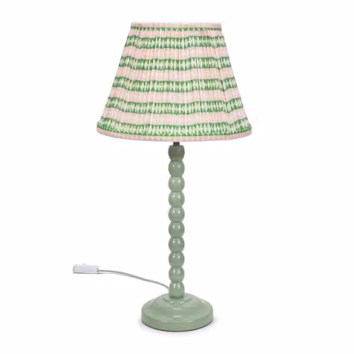 ValueLights Sage Green Bobbin Stem Table Lamp with Pink Aztec Pleated Fabric Shade and LED Bulb