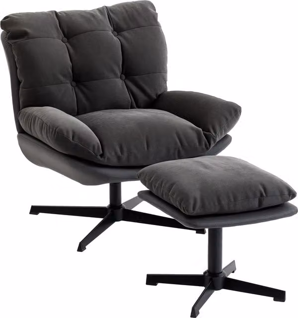 HOMCOM Swivel Accent Chair with Ottoman, Grey Chenille Upholstery and Metal Base