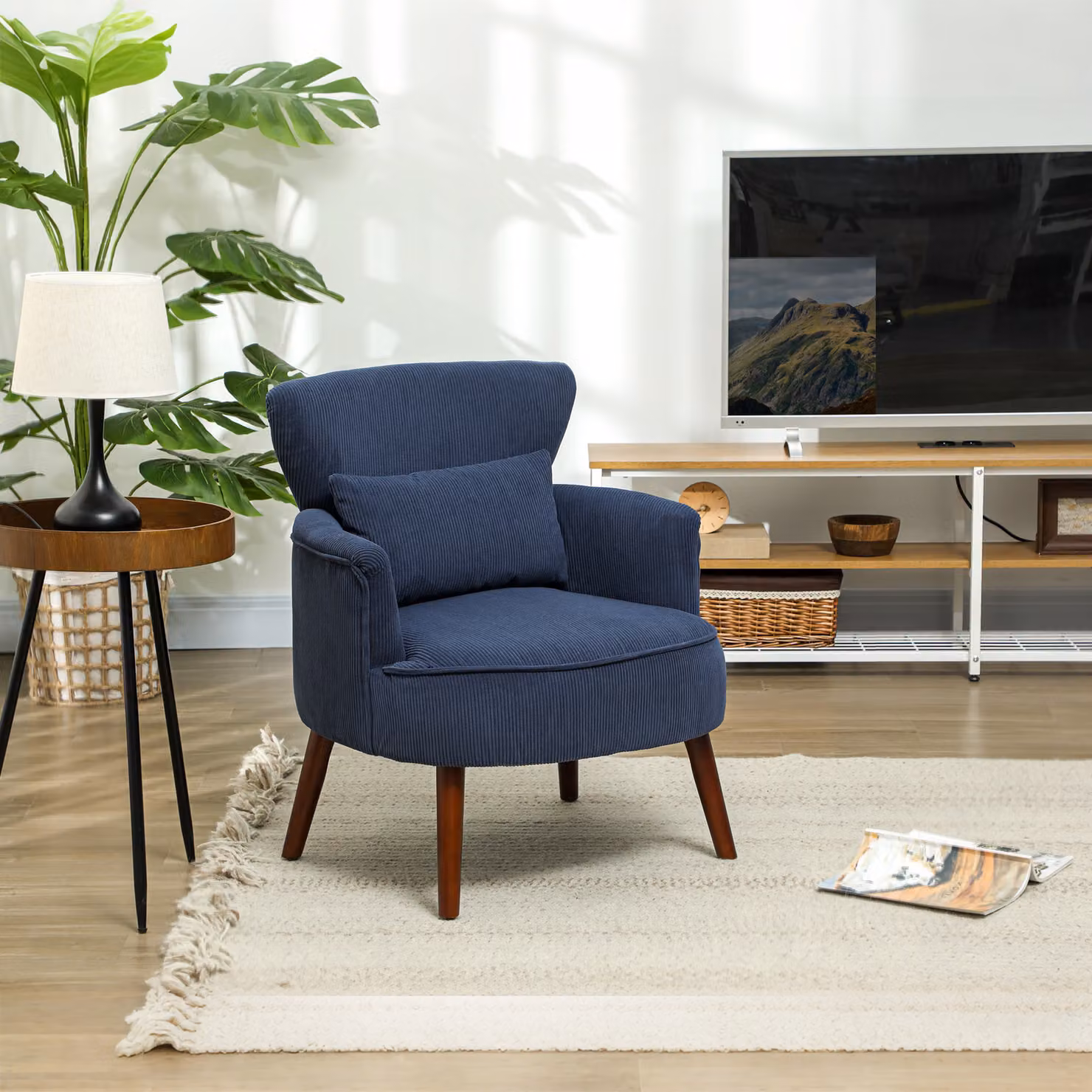 HOMCOM Blue Corduroy Retro Tub Accent Chair with Armrests and Solid Wood Frame – 2