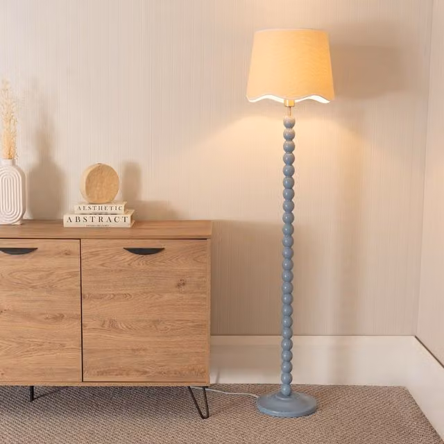 ValueLights Bobbins Powder Blue Floor Lamp with White Trim Scallop Fabric Shade and LED Bulb