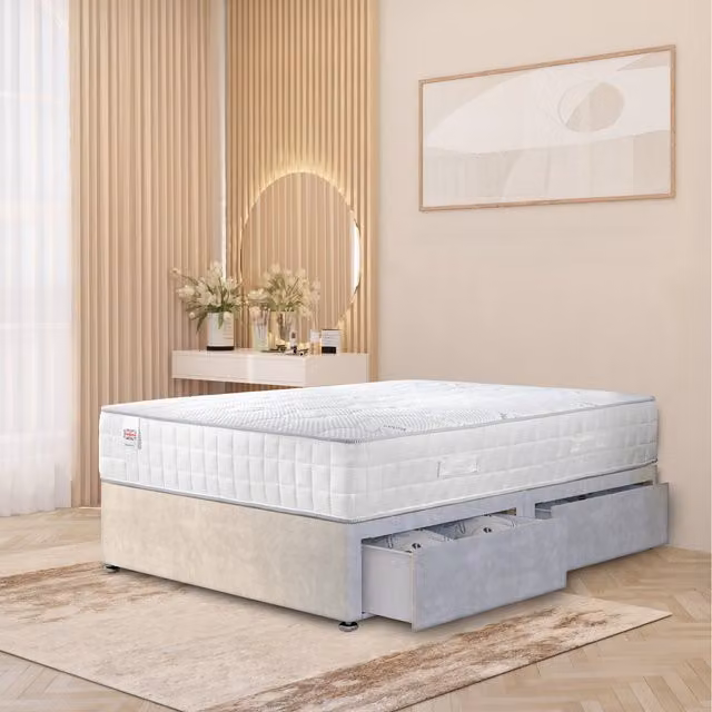 Horizona Silver Plush Velvet Upholstered Divan Bed with Hybrid Memory Foam Pocket Spring Mattress, W/D/H: 200 x 200 x 34.5 cm