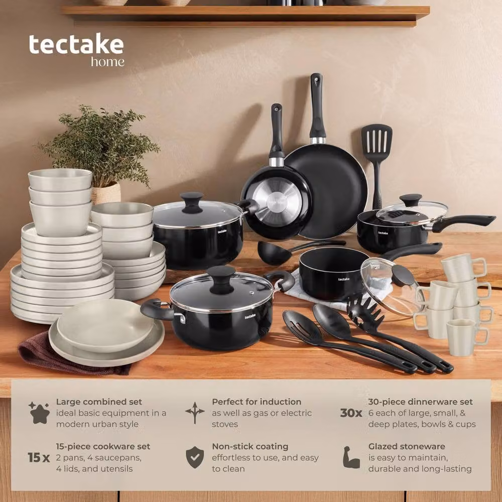 tectake Una & Varese 45 Piece Kitchen and Dinnerware Set in Black and Taupe – 2