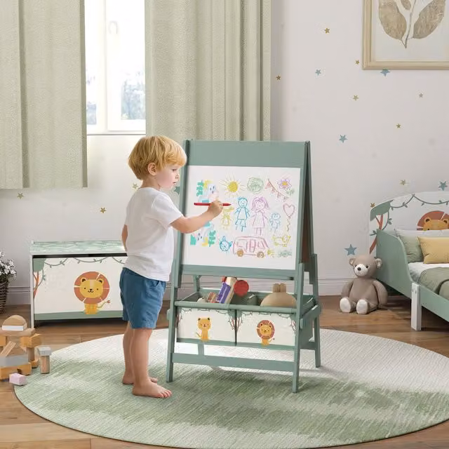 AIYAPLAY 3-in-1 Double Sided Childrens Art Easel with Whiteboard and Blackboard in Green
