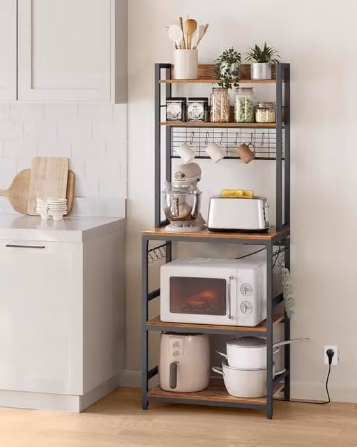 VASAGLE Compact Freestanding Kitchen Rack with Power Outlet and Adjustable Shelves in Brown