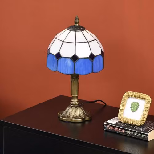 HOMCOM Art Deco Stained Glass Table Lamp in Blue and Bronze with Glass Dome Shade – 5
