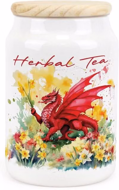 Purely Home Ceramic Herbal Tea Storage Canister with Floral Welsh Dragon and Daffodil Design, Red, Yellow, Green and White, Airtight and Leakproof