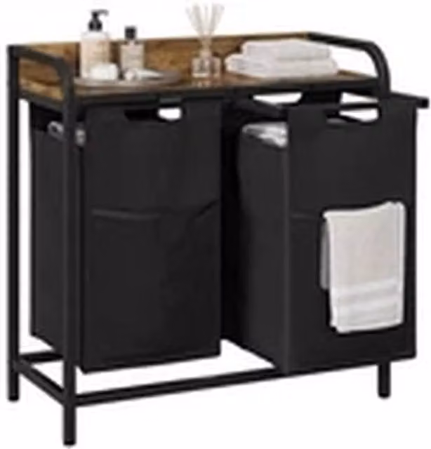 EONLION 2-Compartment Laundry Hamper with Wooden Top and Pull-Out Sorter in Black and Brown