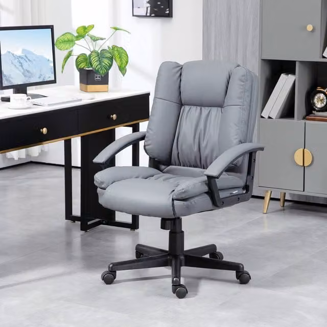 HOMCOM Modern Grey PU Leather Task Chair with Headrest, Armrests and 360 Degree Swivel