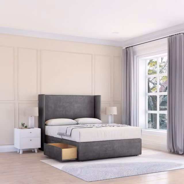 Sloomy Devonshire Plush Wingback Bed Set with 2 Drawers and Floor Standing Headboard, Dark Grey, Super King, W/D/H: 200 x 200 cm