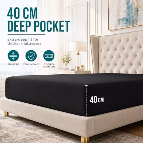 Lazzaro Super King Fitted Sheet 2 Pack, Black Microfibre, Extra Deep Pocket 40 cm, W: 200 cm x D: 180 cm x H: 40 cm – 2
