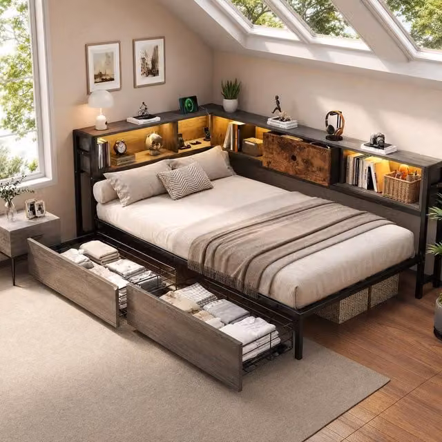STILVORA 3ft Single Bed Frame with Storage and Headboard in Grey and Rustic Brown, W: 90 cm, L: 190 cm