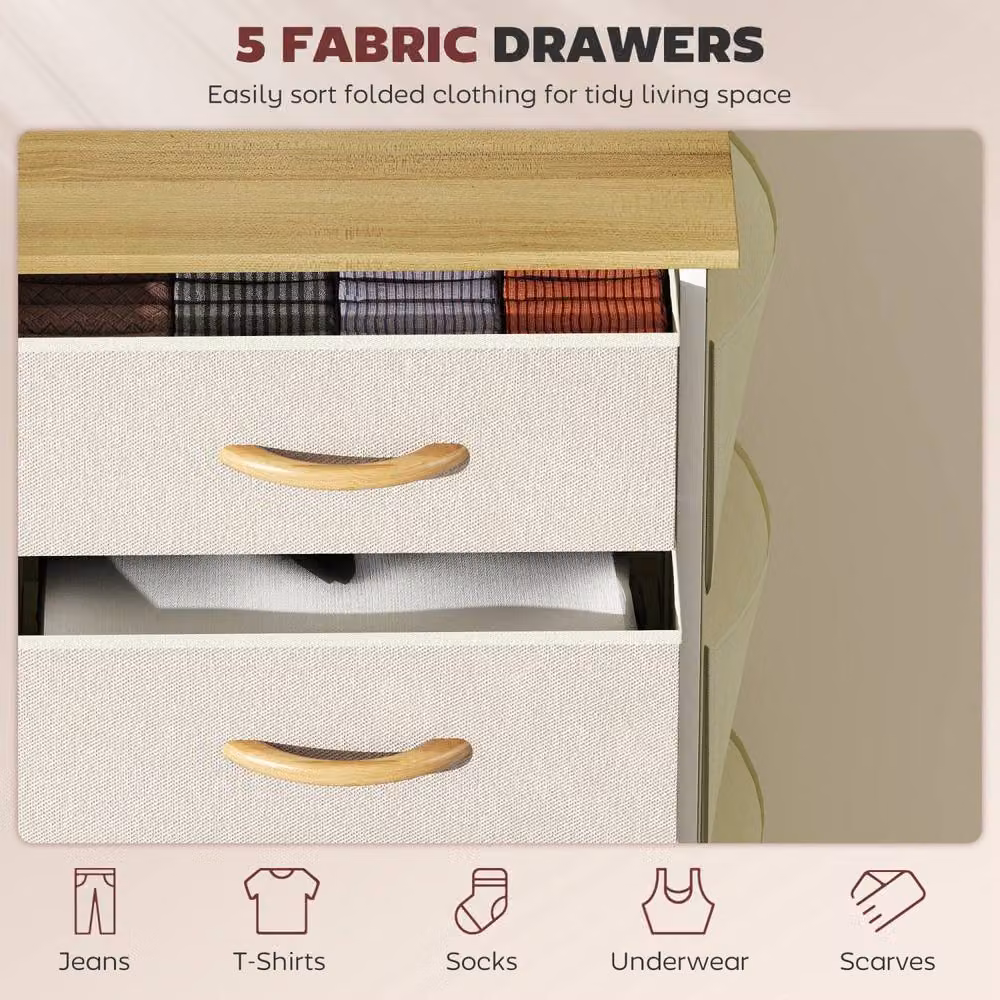 Wyld Haus Batoro 5 Drawer Fabric and Metal Storage Chest in Beige and White – 4