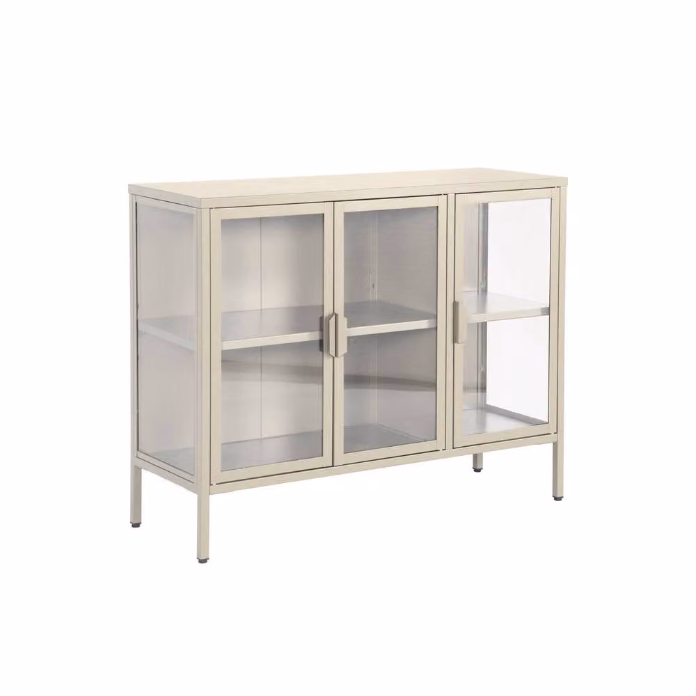 sweeek Industrial Metal and Tempered Glass 3-Door Sideboard, Beige, W: 100 cm, H: 80.5 cm, D: 35 cm – 2
