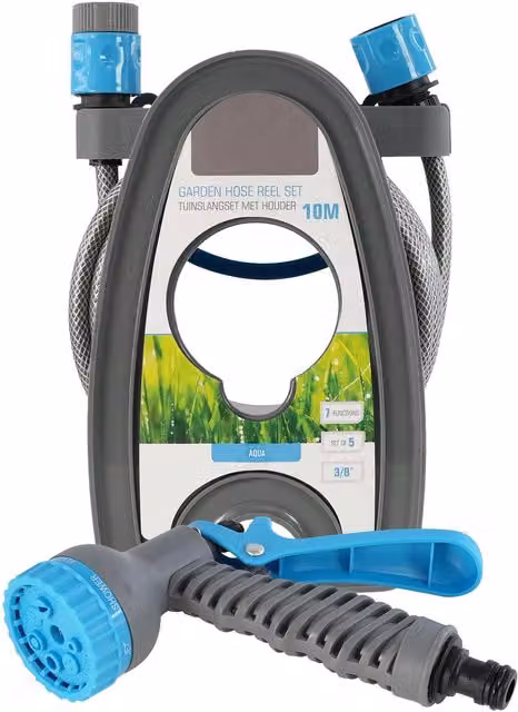 Geezy's Garden Hose Reel Set with 10m Pipe and 7 Function Spray Gun, Grey