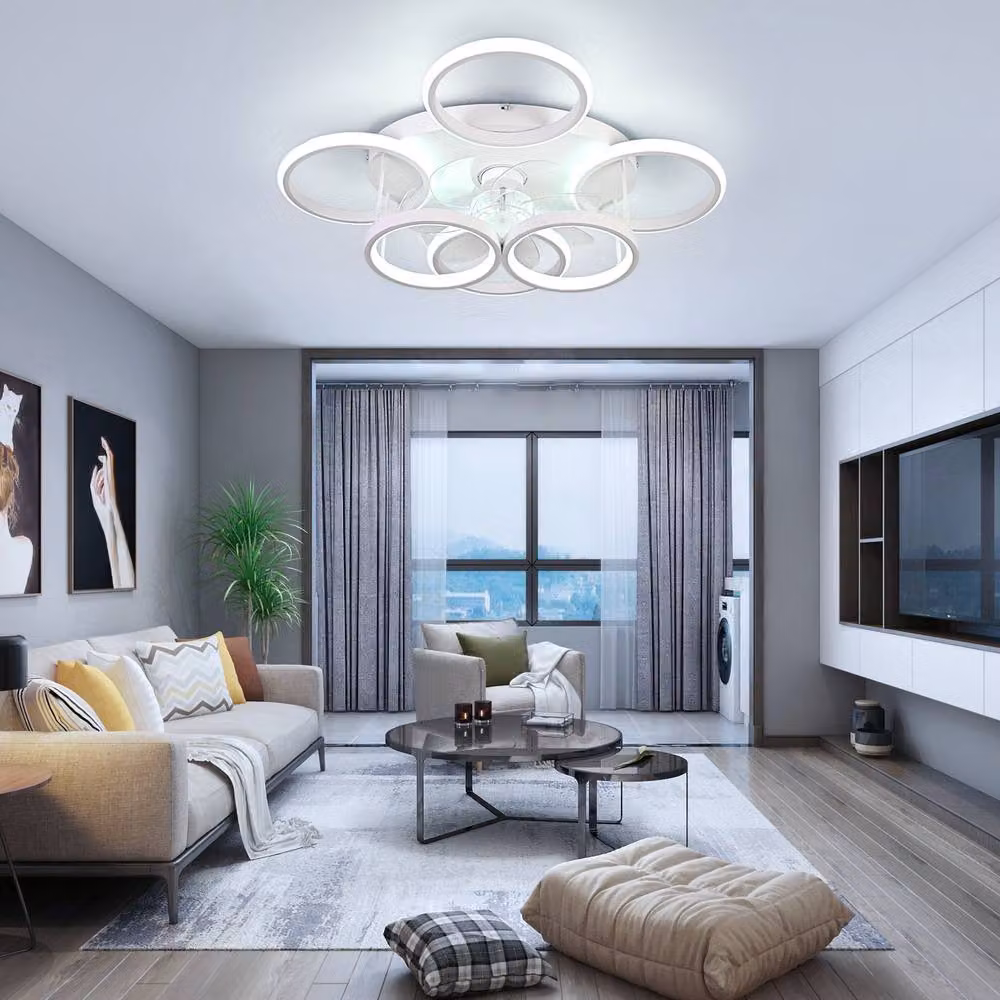 NIVOR Modern Low Profile LED Ceiling Fan with 6 Ring Dimmable Lights, White – 3