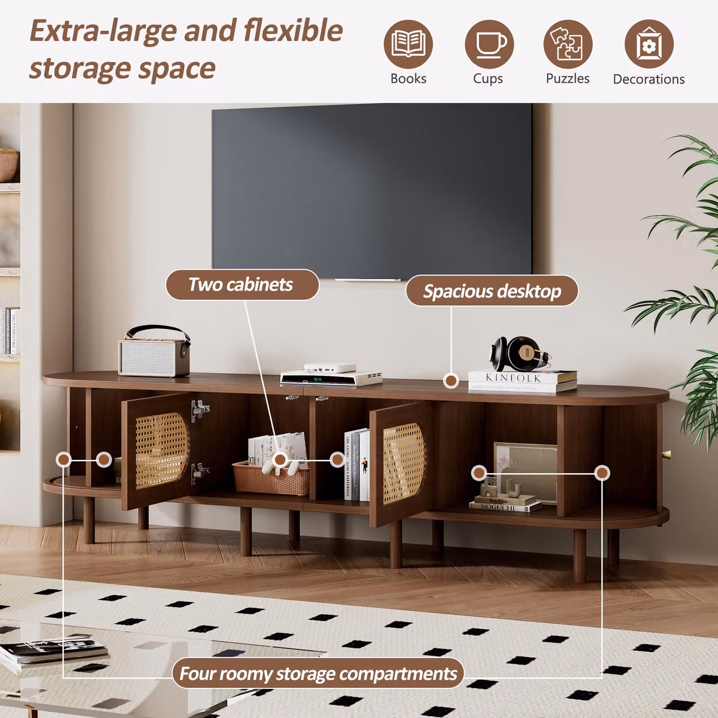 Aosom UK Stylish Oval TV Cabinet with Rattan-Style Fronts in Walnut, W: 180 cm, D: 40 cm, H: 40 cm – 5