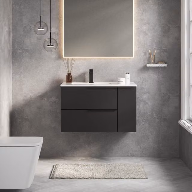 Banyetti Celtic Duo Matt Black Wall Hung Vanity Unit with Door and Basin W: 80 cm, D: 45 cm, H: 48 cm – 1