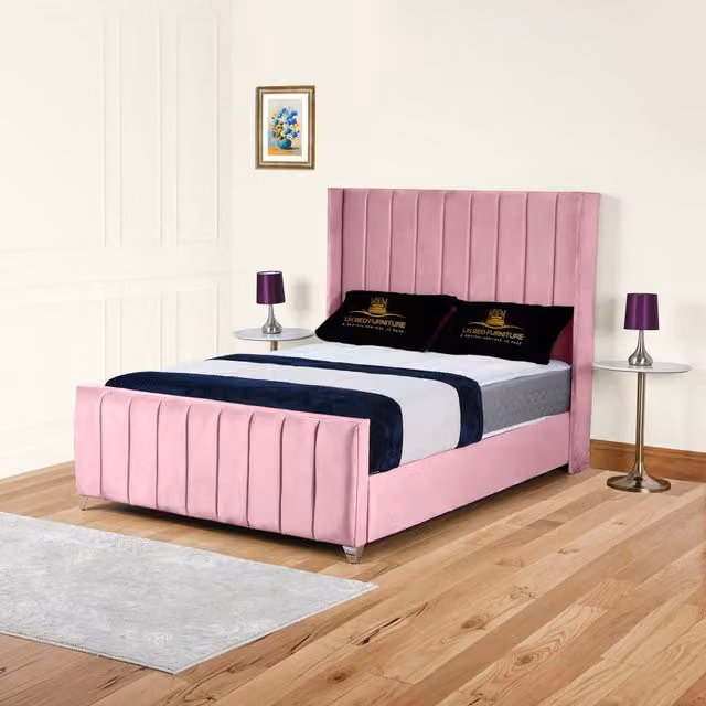 UK Bed Furniture Empire Winged Slatted Base Upholstered Velvet Bed in Pink, W/D/H: 90 x 190 cm