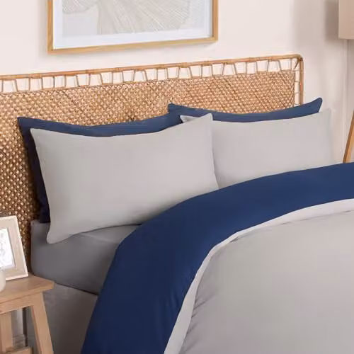 OHS Reversible Plain Microfibre Duvet Cover and Pillowcase Set in Blue and Grey, Double – 6