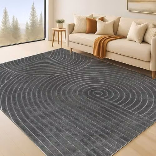 MARLOW Large Fluffy Geometric Area Rug in Dark Grey, W: 160 cm x D: 230 cm, Machine Washable and Non-Slip – 1