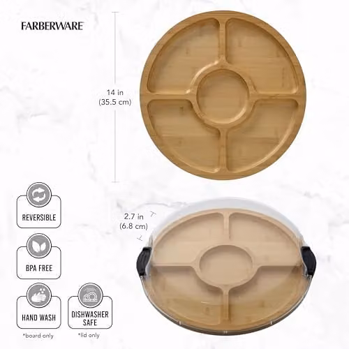Farberware Multi-Purpose Round Bamboo Snack Board with 5 Dividers and Lid in Brown, Diameter: 35.5 cm – 5