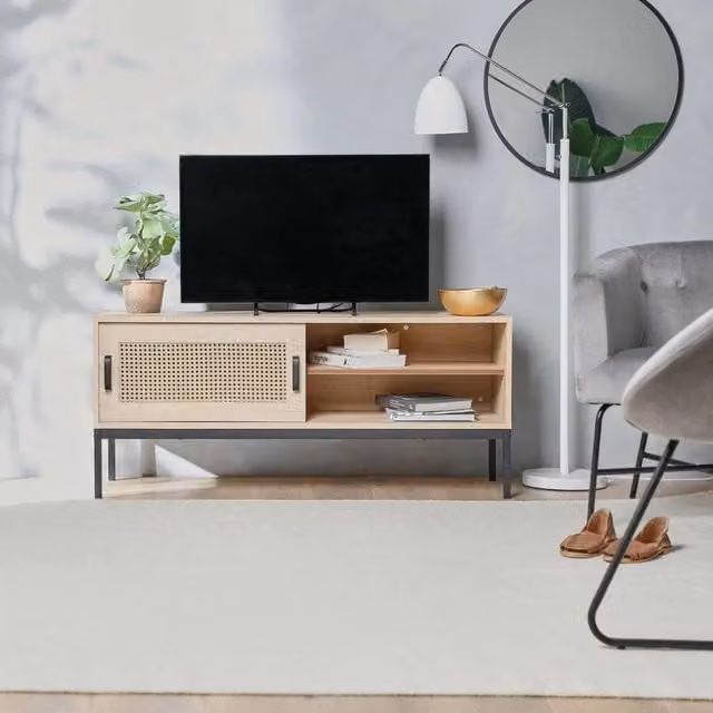 EONLION Boho Rattan and Metal TV Unit Cabinet in Brown and Black, W/D/H: 120 x 38 x 52 cm