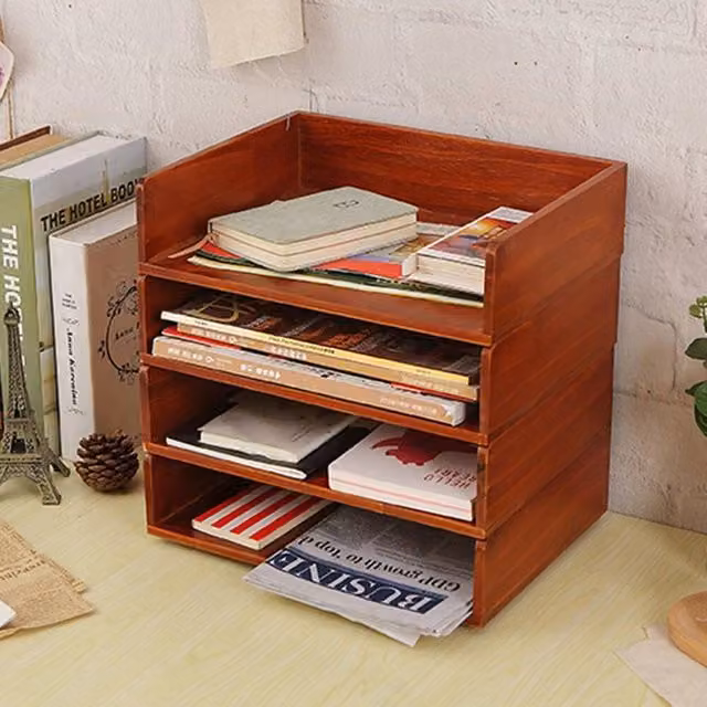 FORGEVIO 3-Layer Wooden Letter Tray Desk Organiser, Brown