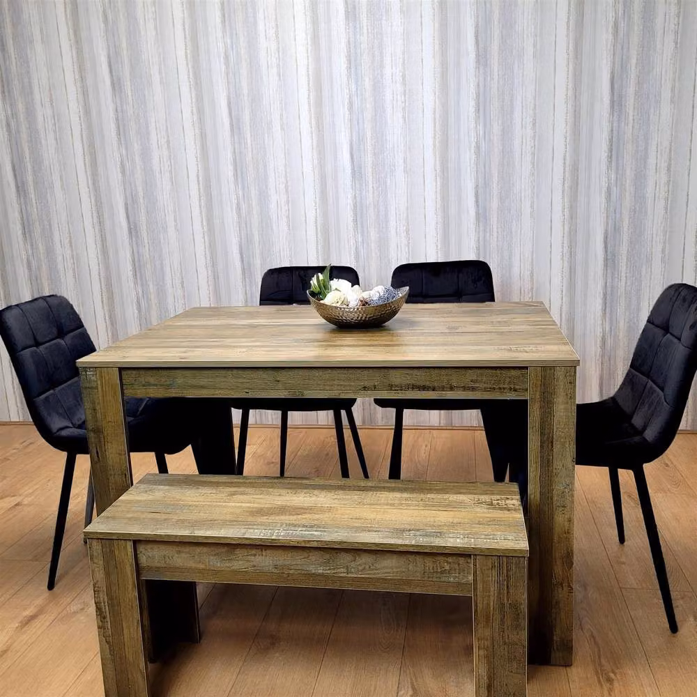 KOSY KOALA Modern Rustic Dining Set with Rectangular Brown Table, 4 Black Velvet Chairs and Bench – 7