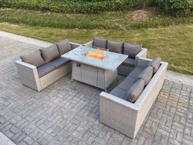 Fimous Light Grey U Shape Lounge Sofa and Dining Set with Gas Fire Pit Table