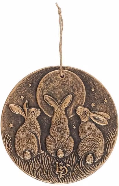 KDMK Moonlit Hares Terracotta Ceramic Wall Plaque in Gold and Bronze