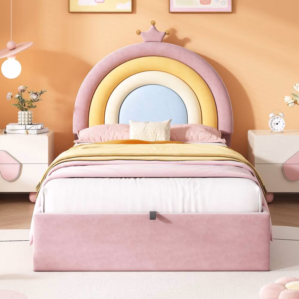 Rolipo Pink Velvet Single Bed with Rainbow Headboard and Hydraulic Storage, W/D/H: 140 x 200 cm – 1