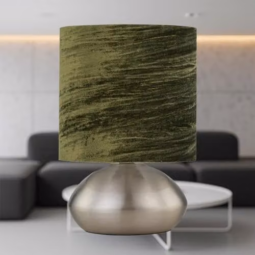 First Choice Lighting Jenson Touch Table Lamp with Green Fabric Shade and Brushed Chrome Base – 2
