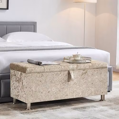 Vida Designs Valencia Fabric Storage Ottoman in Champagne Velvet, W/D/H: 100 x 40 x 44 cm – 1