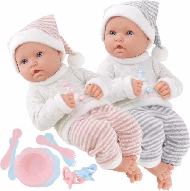 BiBi Doll Twin Boy and Girl Baby Dolls Feeding Set in Multicolour