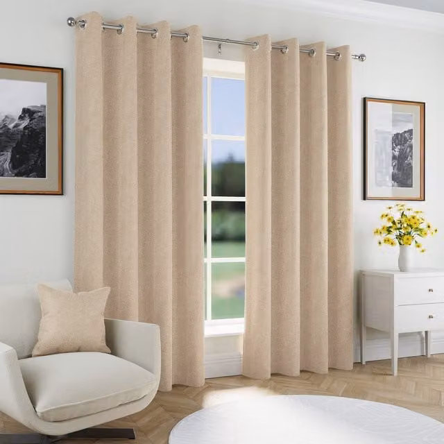 Enhanced Living Chester Natural Herringbone Jacquard Blackout Eyelet Curtains, Thermal Insulating, Natural/Brown/Beige, Width: 168 cm