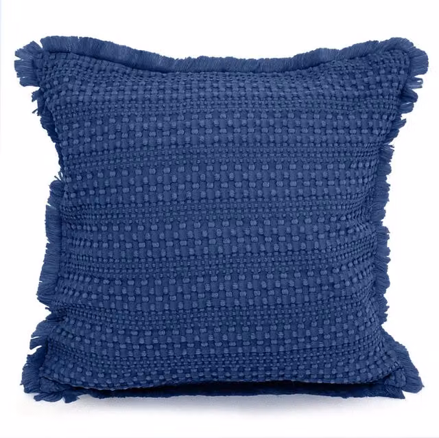 Velosso Blue Striped Boho Square Waffle Fringe Edge Cushion