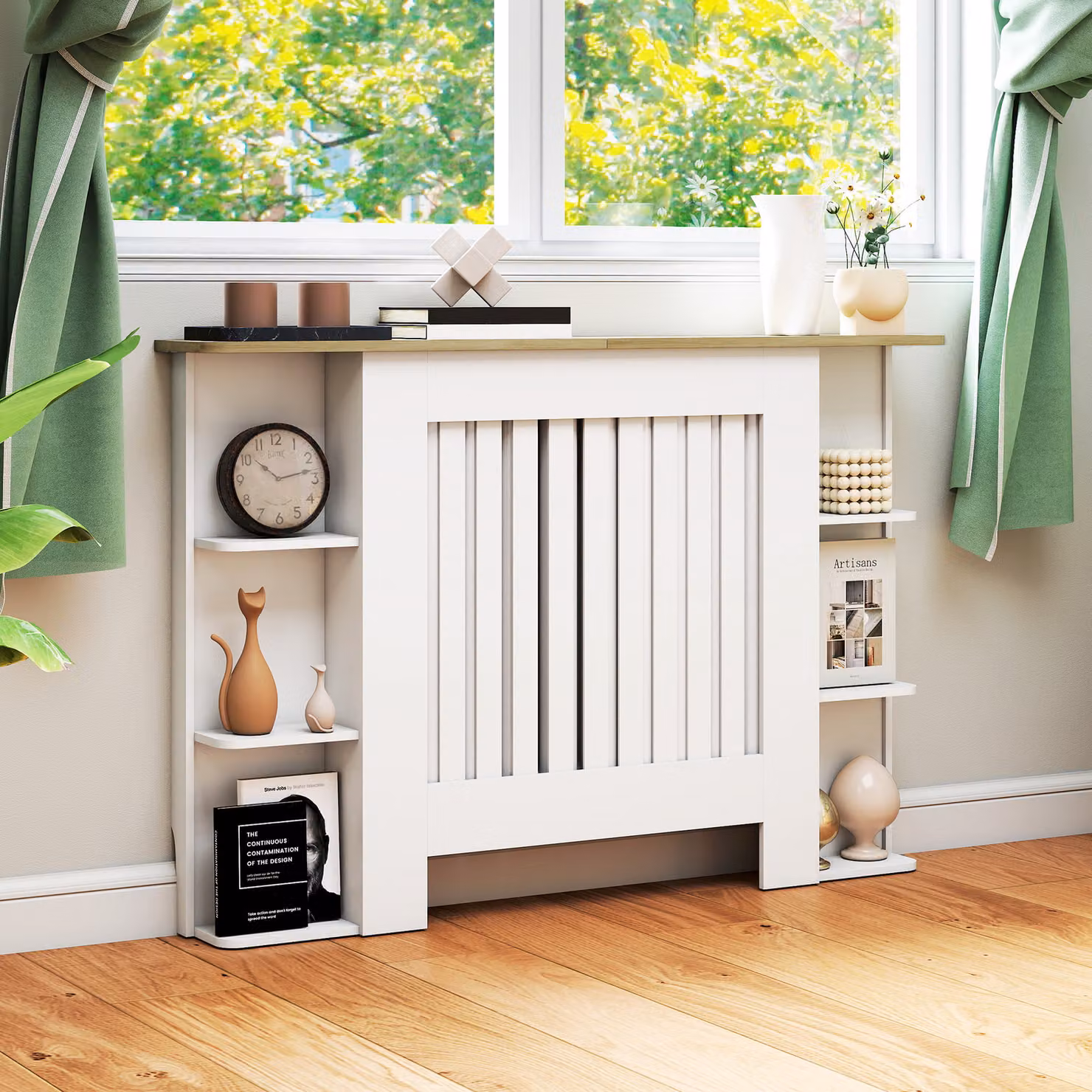 HOMCOM White Radiator Cover with Open Storage Shelves and Vertical Slatted Design, H 83 x W 124 x D 19 cm – 4