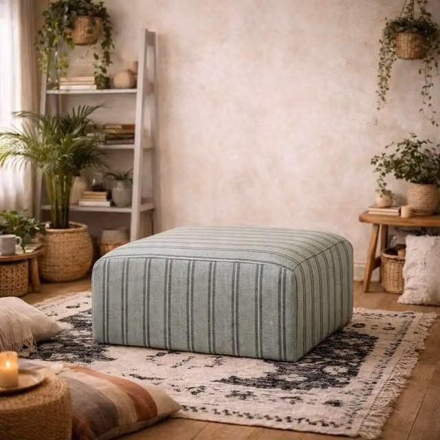 Wyld Haus Malmo Grey Striped Cotton-Blend Upholstered Rectangular Pouffe