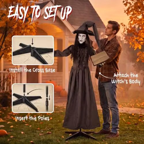 HOMCOM Life Size Animated Halloween Witch Decoration in Black and Grey, Height: 180 cm – 5