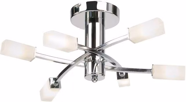 Netlighting Havana 6 Light Semi Flush Multi Arm Ceiling Light in Chrome and Grey with Acid Etched Glass and G9 Base