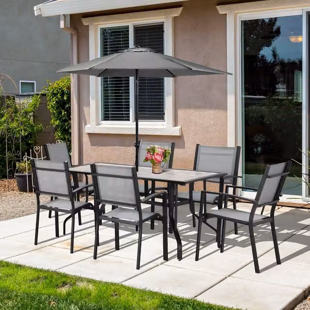 Outsunny 7 Piece Modern Grey Garden Dining Set with Rectangular Table and Armchairs