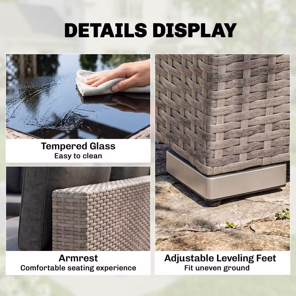 OUTSUNNY 4 Piece Grey Rattan Wicker Patio Sofa Set with Glass Table – 5
