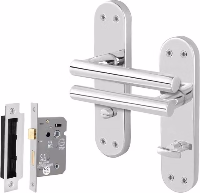 AFIT Polished Chrome T-Bar Bathroom Handle and WC Privacy Lock Backplate Set, Silver, W/D/H: 15.0 x 15.0 x 15.0 cm – 1