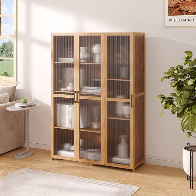 Livingandhome Modern Brown Wood Storage Cabinet with Glass Doors and Internal Shelves, Height: 90 cm