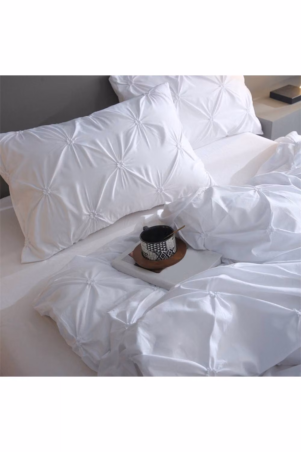 Living and Home Textured Pinch Pleat 3 Piece Duvet Cover and Pillowcase Set in White, Single (90 x 200 cm) – 3